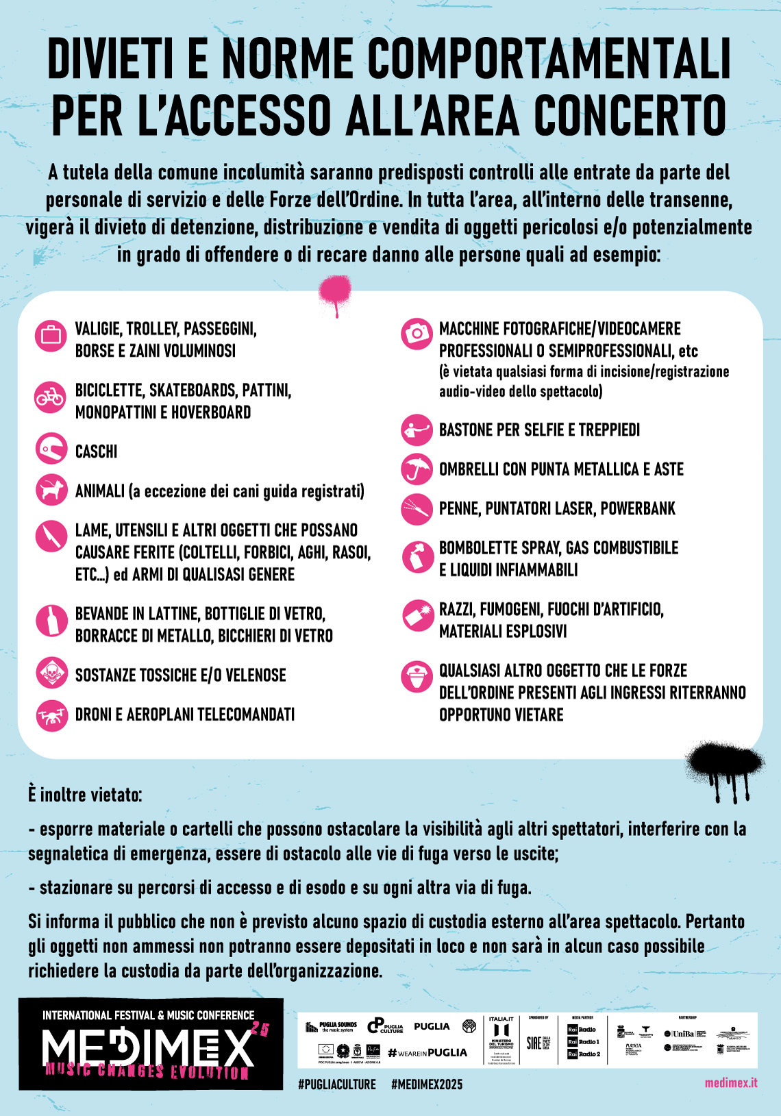 Divieti e norme comportamentali per l'accesso all'area concerto